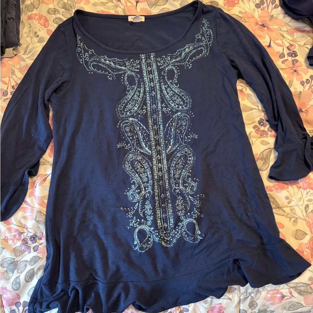 Navy Blue Embroidered Women's Top Small